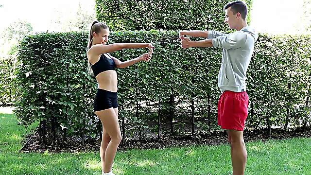 Aroused young dove stands nude to try cock in each of her needy holes