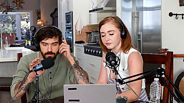 Strong dick makes redhead fuck like crazy during live podcast