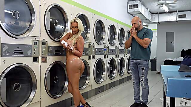 Big booty blonde tries anal with a random stud at the laundromat