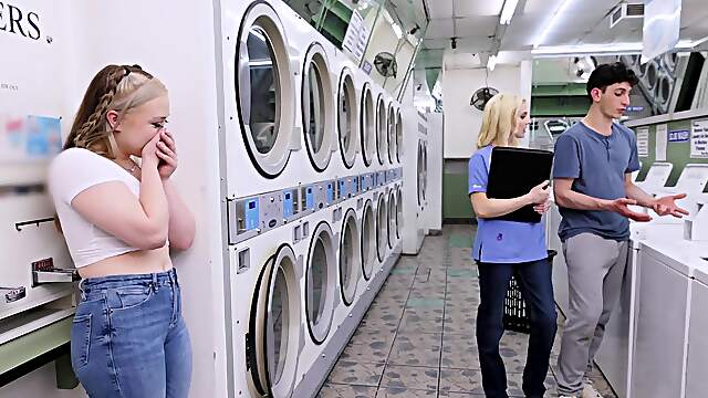 Hard sex at the laundromat between two blonde whores and a very lucky dude