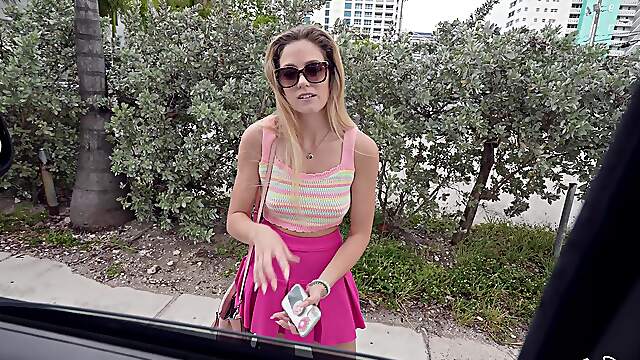 Sweet blonde gets in the bang bus for a hefty dose of cock