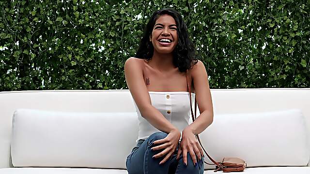Latina teen casts for porn in surreal backyard positions