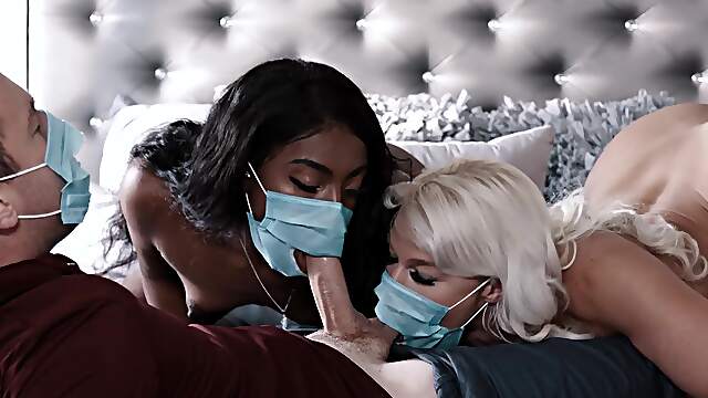 London River and Amari Anne share a massive cock in an intense interracial threesome scene.