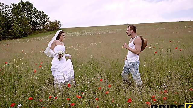 A beautiful bride riding her man in nature, inspired by Sakura Hell’s sensual style.