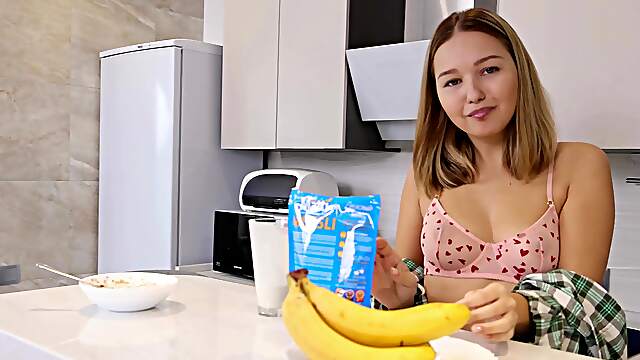The sexy girl Mila Ex plays with her pussy in the kitchen and achieves an orgasm.