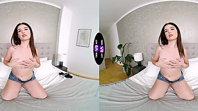 Blonde Brill Angel masturbates her pussy in a virtual reality scene