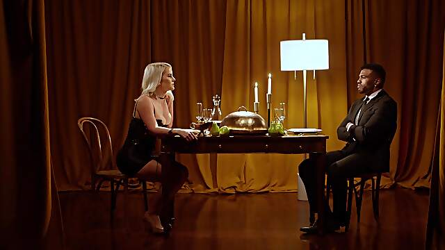 Blond bombshell gets double pleasure in steamy interracial romp