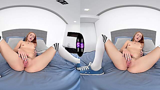 Teen Lucianna Luci's tiny titties in VR as she pleasures her shaved peach with fingers