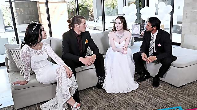 Hazel and Jazmine suck Tommy's thick cock in a wild bridal foursome