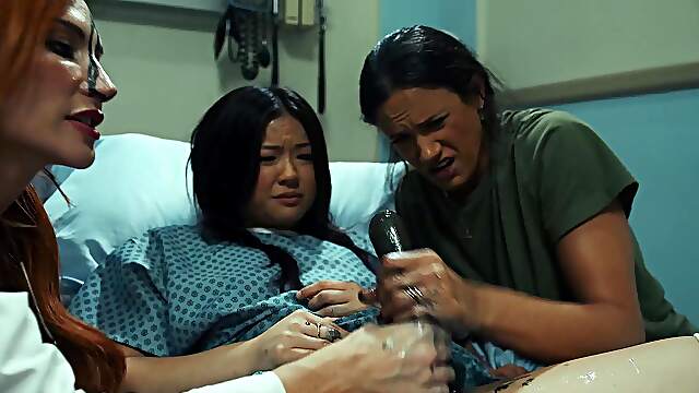 Four horny babes indulge in a wild reversed ride on the doc's giant dildos