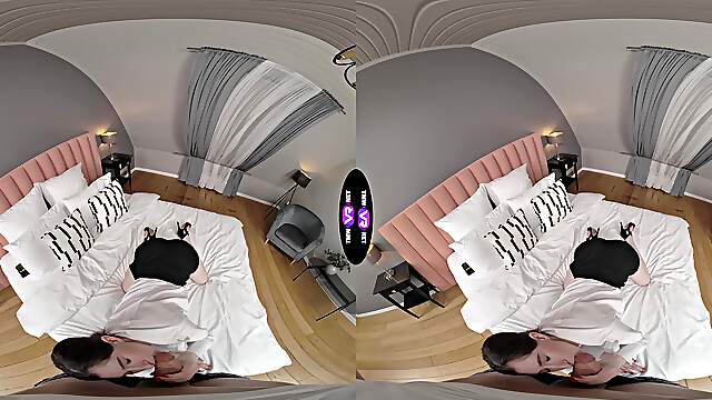Teen Brunette Pearl's pearly lips wrap around your cock in VR