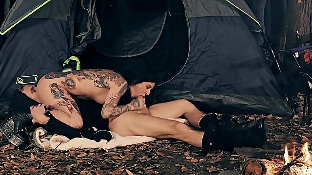 Camping trip leads the hot brunette to a wild fuck fest