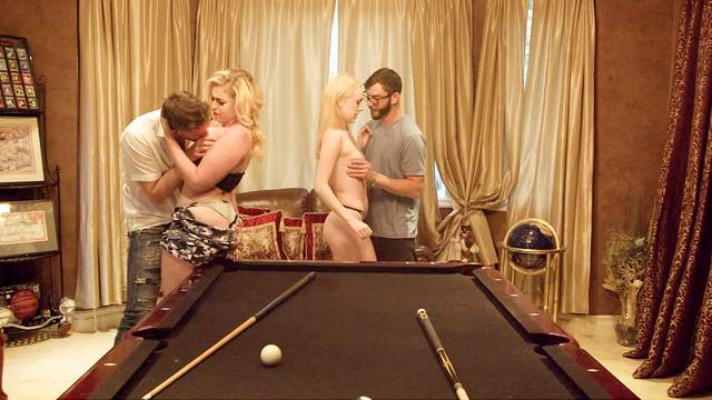 Fourway billiards game with Candy White and Krystal Kash turns to foursome