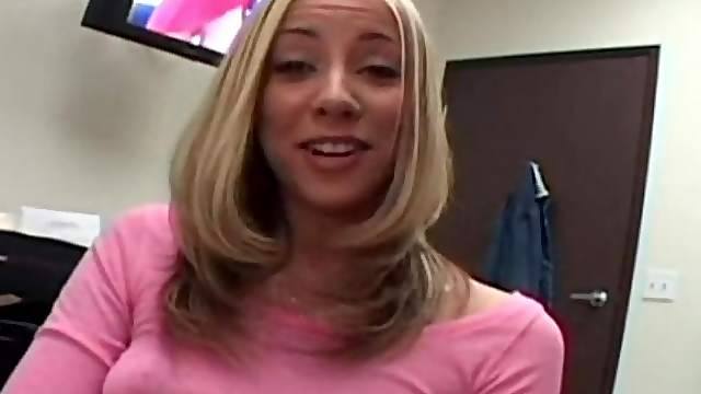 Blonde with tiny titties masturbates in an office