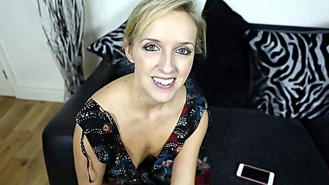 Pretty blonde lets you look down her dress