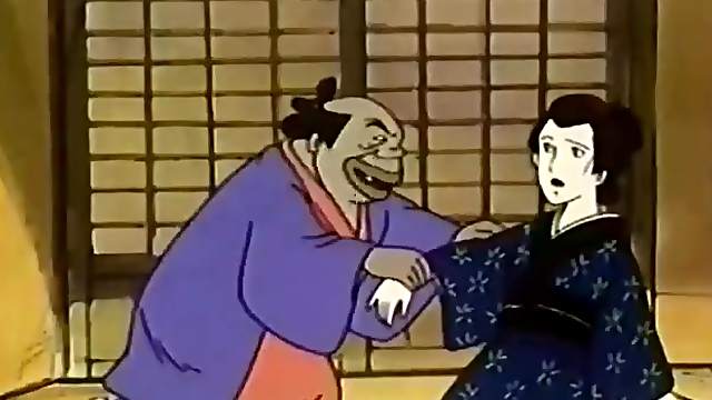 Hentai guy looks between the legs of a kimono girl
